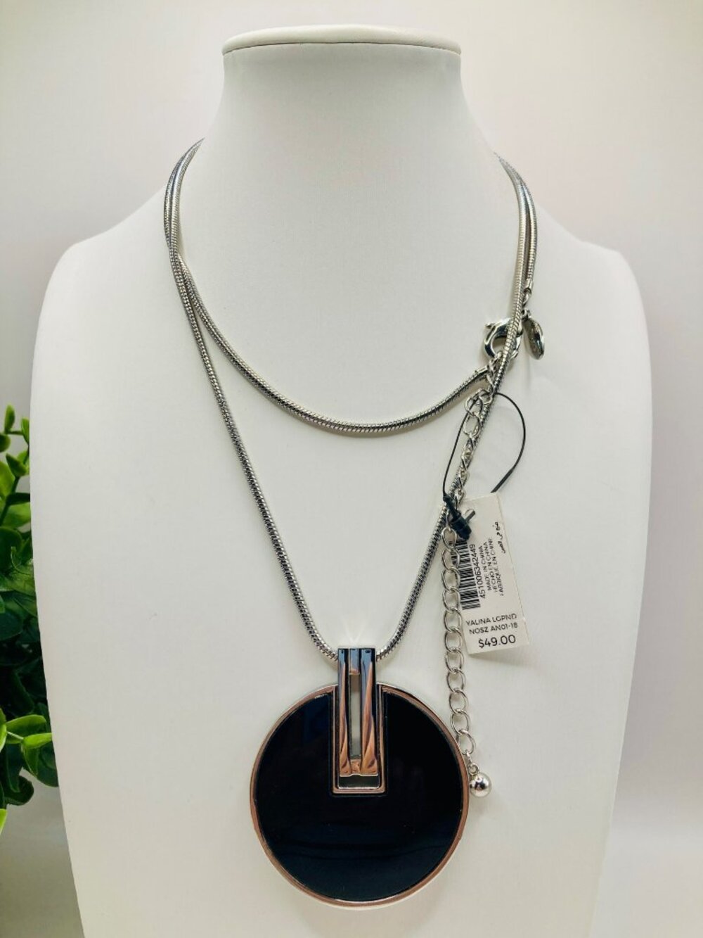 Chicos Silver-Tone Snake Chain Necklace Black Disc Pendant -65B